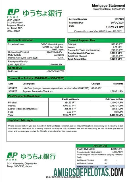 realista Modelo Word e PDF de extrato de hipoteca do Japan Post Bank